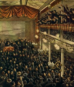 Spoorstaking in Milaan, door Achille Beltrame, illustratie, Illustrator Achille Beltrame (1871-1945), uit La Domenica del Corriere, 30 april 1905 door Achille Beltrame