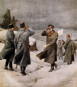Hervatting van de oorlog, Turkse parlementariër arriveert in Bulgaars kamp met bericht over einde van wapenstilstand, door Achille Beltrame, illustratie uit La Domenica del Corriere, 9 februari