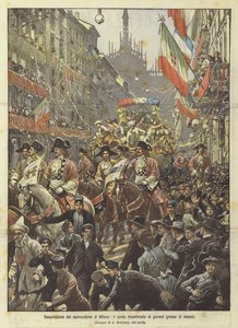 Heropleving van het carnaval van Milaan, de gemaskerde parade van Vette Donderdag (9 maart) door Achille Beltrame