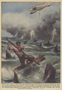 Alleen op zee, voor de Amerikaanse kust, na het schipbreuk van een schip