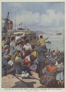 Terugkeer van de oorlog van de eerste ontslagen soldaten, het volk verzameld in de haven van Napels begroet ? door Achille Beltrame
