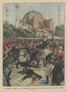 Militaire opstand in Constantinopel, rebellerende soldaten verzameld bij de Hagia Sophia in Istanbul