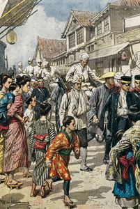 Russisch-Japanse Oorlog (1904-1905). Aankomst in Tokio van de eerste gewonden van de slag bij Ya-Lu (februari 1904). Afbeelding door Achille Beltrame voor 