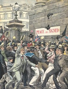 Tweede Boerenoorlog. Aankondiging van het einde van de oorlog in de straten van Londen. Illustratie door Antonio Beltrame. “La Domenica del Corriere”