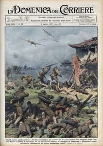 Tweede Chinees-Japanse Oorlog (1937-1945): gevechten tussen Japanse en Chinese wapens nabij Peking, de Japanners vernietigen snel een heel Chinees bataljon. Illustratie door Achille Beltrame uit 
