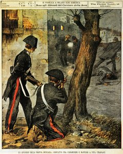 Siciliaanse maffia gebeurtenis, gevechten tussen carabinieri en maffia gangsters in Trapani, door Achille Beltrame, illustratie, van La Domenica del Corriere, 31 december 1899