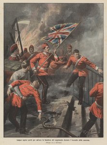 Engelse soldaten omgekomen om de vlag van het regiment te redden tijdens de brand in de kazerne