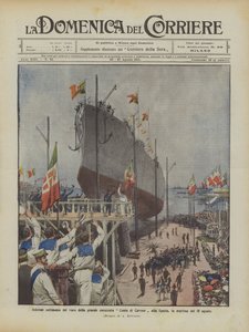 Plechtige ceremonie van de tewaterlating van het grote slagschip Conte di Cavour in La Spezia, op de ochtend van 10 augustus