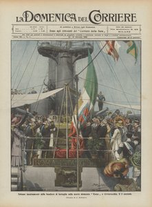 Plechtige hijsing van de strijdvlag op het nieuwe slagschip Roma in Civitavecchia, op de 3e van deze maand door Achille Beltrame