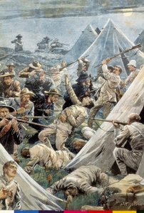 Zuid-Afrika. Tweede Boerenoorlog. Aanval op het Engelse kamp van Tweefontein (1902). Illustratie door Achille Beltrame. Gravure. door Achille Beltrame