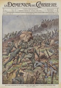 Aan de noordelijke helling van de Pal Grande, valt een van onze alpini-eenheden een vijandelijke loopgraaf aan en verovert deze door Achille Beltrame