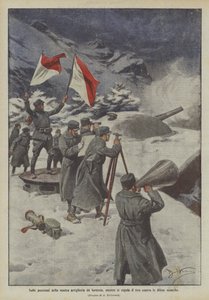 Op de posities van onze vestingartillerie, terwijl het schot wordt afgesteld tegen de vijandelijke verdedigingen
