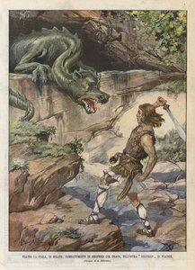 Teatro La Scala, Milaan, gevecht van Siegfried met de draak, in de opera Siegfried van Wagner door Achille Beltrame