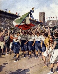 De Olympische Spelen van Stockholm 1912: het winnende Italiaanse gymnastiekteam. Ill. d