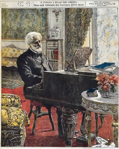 De Italiaanse componist Giuseppe Verdi in zijn studeerkamer, plaat door Achille Beltrame, La Domenica del Corriere, 8 oktober
