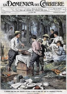 De president van de Verenigde Staten Theodore Roosevelt (1858 - 1919) leerde zijn zonen de plichten van een man van goede samenleving door zijn been af te hakken tijdens een picknick in zijn tweede residentie in Oister Bay. Illustratie door Achille Beltram door Achille Beltrame