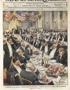 De President van de Verenigde Staten spreekt telefonisch op een afstand van 500 kilometer. Illustratie door Achille Beltrame in de Italiaanse krant 