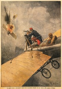 De oorlog in de lucht: Duel tussen Frans vliegtuig en Duits vliegtuig boven Reims, door Achille Beltrame (1871-1945), uit La Domenica del Corriere, 25 oktober 1914 door Achille Beltrame