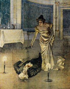 De dood van Scarpia aan het einde van Act II van Tosca door Giacomo Puccini, plaat door Achille Beltrame, La Domenica del Corriere, 4 februari door Achille Beltrame