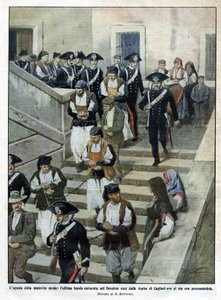 De laatste bende Sardijnse misdadigers bij het verlaten van het Hof van Assisen in Cagliari waar het proces plaatsvindt. Illustratie door Beltrame. La Domenica del Corriere. 07/1913 door Achille Beltrame