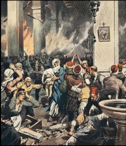 De slachtingen van Armeniërs in Turkije in 1909 in Adana, illustratie door Achilles Beltrame (1871-1945) in 