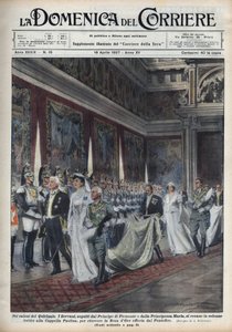Het koninklijk paar, Victor Emmanuel III (Victor-Emmanuel) (Vittorio Emanuele III) (1869-1947) en zijn vrouw Helene van Montenegro gevolgd door prins Humbert (Umberto) II en Maria Jose (Marie-Jose van België, Maria Jose van Savoie) gaan naar de Paolina Kap door Achille Beltrame