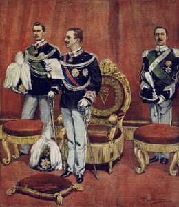 De beëdiging van Koning Vittorio Emanuele III in de Senaatskamer in Rome, uit La Domenica del Corriere