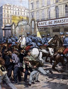 De arbeidersstakingen in Marseille: de huzaren in actie op de Canebière. Illustratie door Beltrame. La Domenica del corriere. 1901. door Achille Beltrame