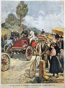 Rondreis door Italië per auto, gesponsord door Corriere della Sera, illustratie door Achille Beltrame uit La Domenica del Corriere, 19 mei