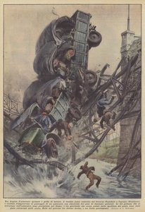 Onder het lawaai van gebroken wapens en kreten van angst, stortte de oude brug gebouwd door de regering door Achille Beltrame