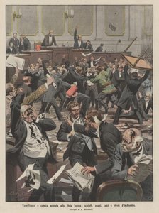 Tumultueuze en komische scène in de Boheemse Landdag, klappen, vuistslagen, schoppen en inktstromen