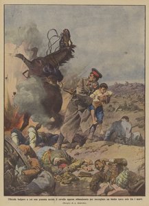 Bulgaarse officier wiens paard door een granaat wordt gedood net nadat hij het had verlaten om een kind op te rapen