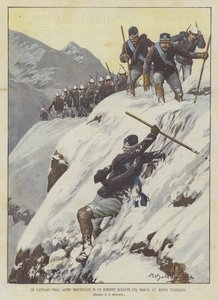 Een kapitein van de Alpen die in een ravijn valt tijdens een mars op de Monte Telegrafo door Achille Beltrame
