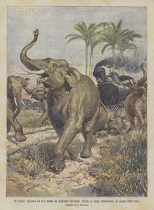 Een trein aangevallen door een kudde wilde olifanten, langs de spoorlijn van Assam (Indo-China)
