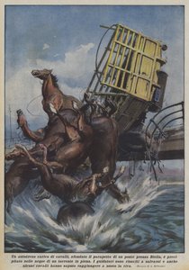 Een vrachtwagen vol paarden stort door de reling van een brug bij Biella door Achille Beltrame