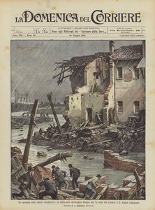 Een episode van de laatste overstromingen, de vernietiging van de Origoni-fabriek door de doorbraak van de Lambro door Achille Beltrame