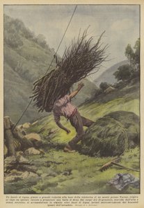 Een bundel hout, met grote snelheid aangekomen aan de voet van de kabelbaan van een berg bij Varese