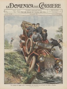 Een reisongeluk van de koning, de koninklijke auto stort in een greppel tussen Bobbio en Piacenza door Achille Beltrame