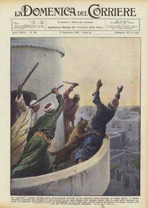 Een muezzin, terwijl hij bij zonsopgang vanaf een minaret bij Zagazig