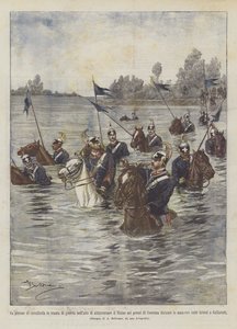 Een peloton cavalerie in oorlogstenue steekt de Ticino over nabij...