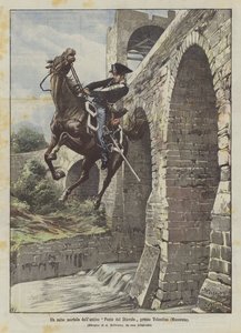 Een dodelijke sprong van de oude Duivelsbrug bij Tolentino (Macerata)