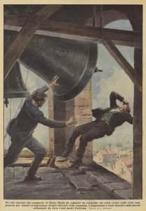 Een dodelijke val van de klokkentoren van Posta (Rieti) door een boer die naar