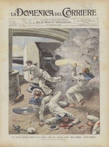 Een dodelijke explosie veroorzaakt door een kanon aan boord van het Engelse slagschip Royal Sovereign voor Missolonghi