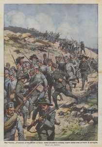 Een Oostenrijkse aanval, bij San Michele op de Karst, vijanden omsingeld door honderden door Achille Beltrame