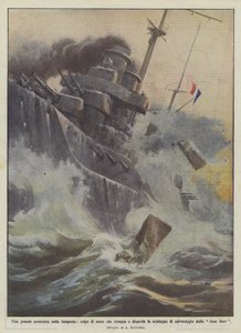 Een groot slagschip in de storm, een golf slaat de reddingsboten weg