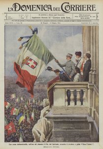 Een onvergetelijke scène, in het uur van de beproeving, de koning zwaait met de driekleur vanaf het Quirinaal en roept Leve Italië! door Achille Beltrame