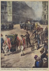 Een originele parade tijdens de feesten van de Lord Mayor in Londen, de stoet van de geschiedenis van transportmiddelen door Achille Beltrame
