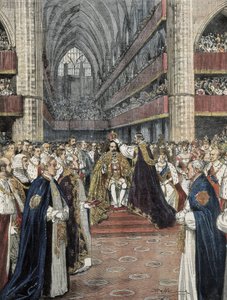 Verenigd Koninkrijk (1901). Kroning van Edward VII in de Westminster Abbey. Illustratie door Achille Beltrame gepubliceerd in Domenica del Corriere. Gravure.