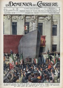 Bezoek van de hertog Benito Mussolini aan Messina tijdens een reis naar Sicilië. Illustratie door Achille Beltrame uit 