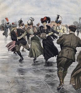 Winterpret. Schaatsers. Illustratie door Achille Beltrame in 1907. door Achille Beltrame